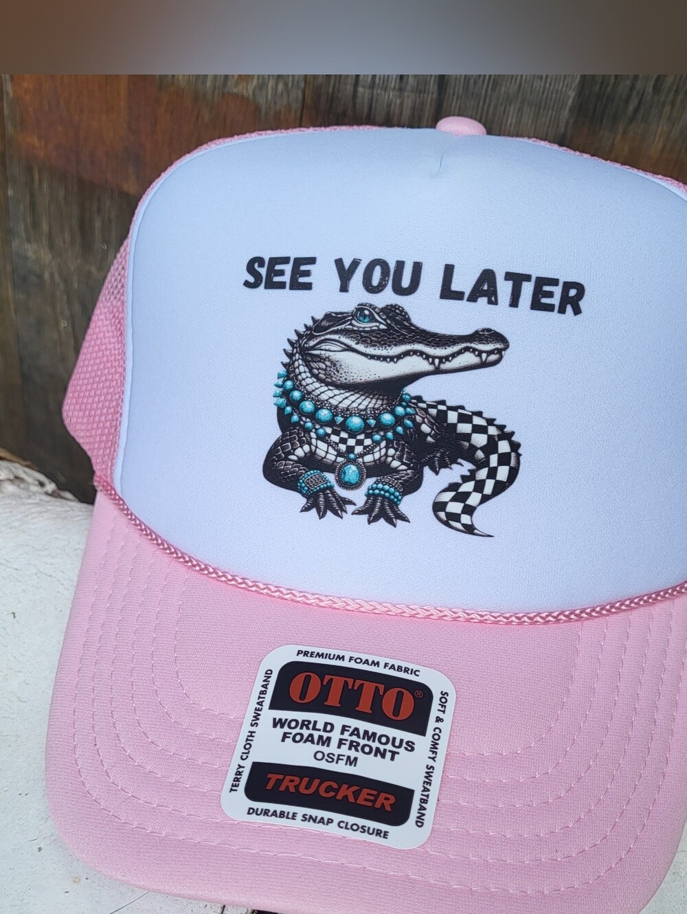Otto Brand Pink and White 'See You Later' Alligator Trucker Hat